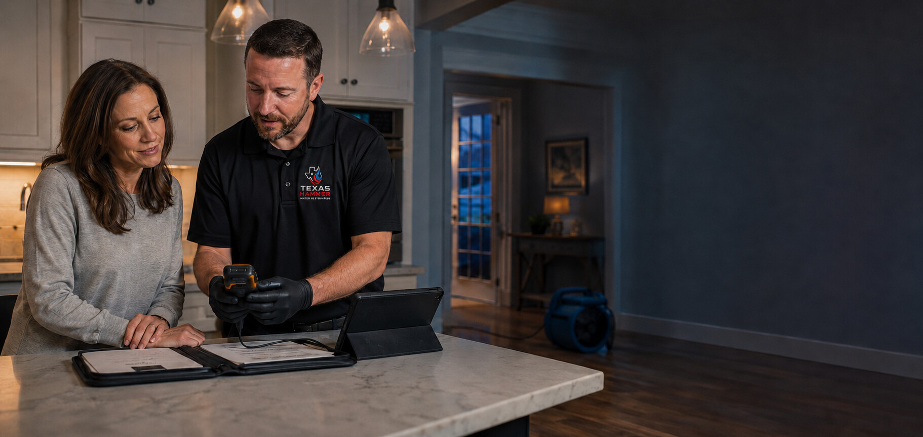 Texas Hammer Restoration technician reviewing water-damage documentation with a homeowner